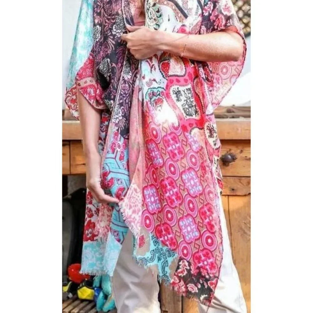 Boho Floral Patchwork Kimono Mint Red Boho Mint Red Wrap Casual Festivals 1 Size - Picture 3 of 3